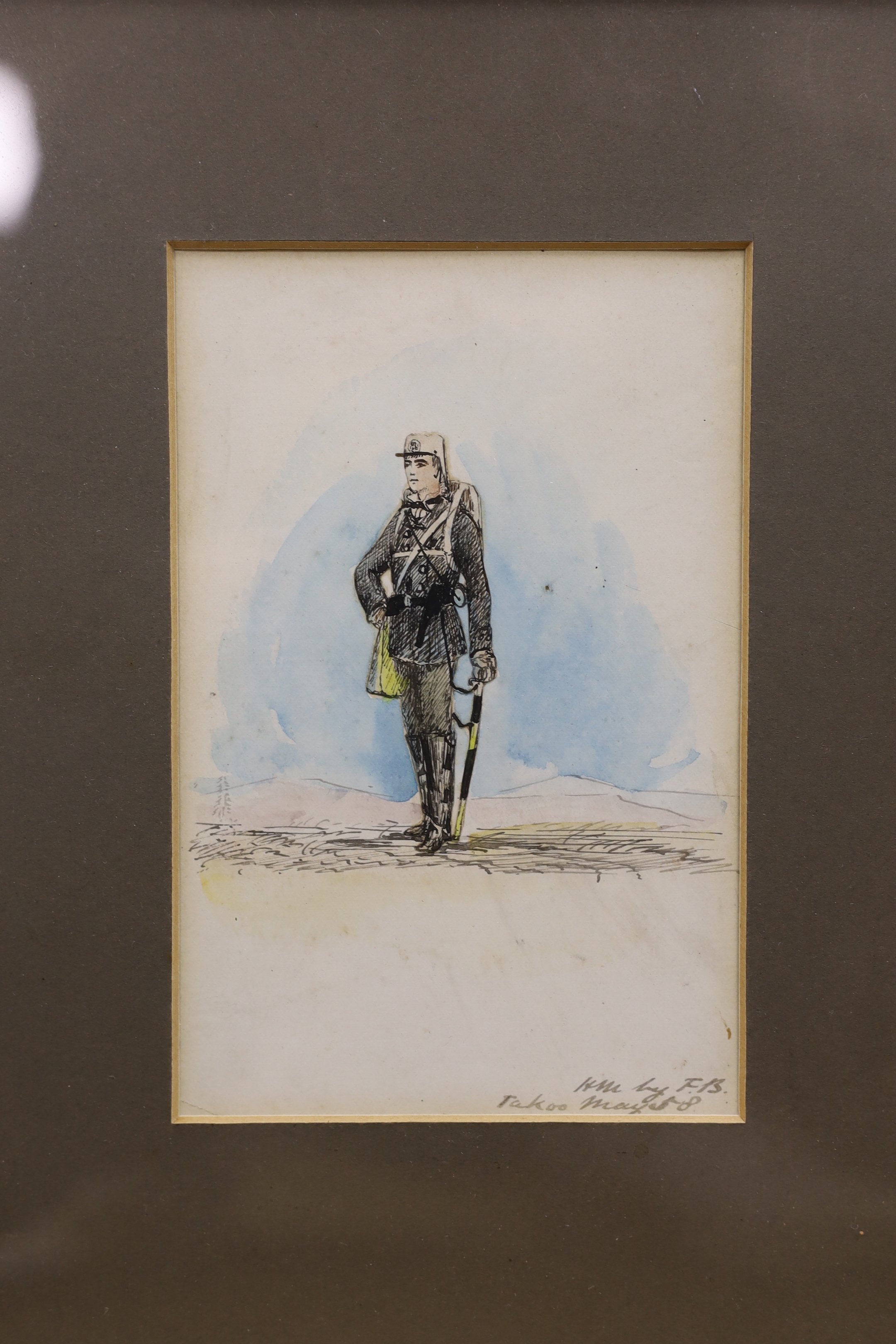 Six watercolours and prints including Frederick C. Jackson (fl.1868-1884), watercolour, 'Near Kynance Cove', attributed to Samuel Prout (1783-1852), sepia watercolour and a pen and ink sketch of an army officer, largest